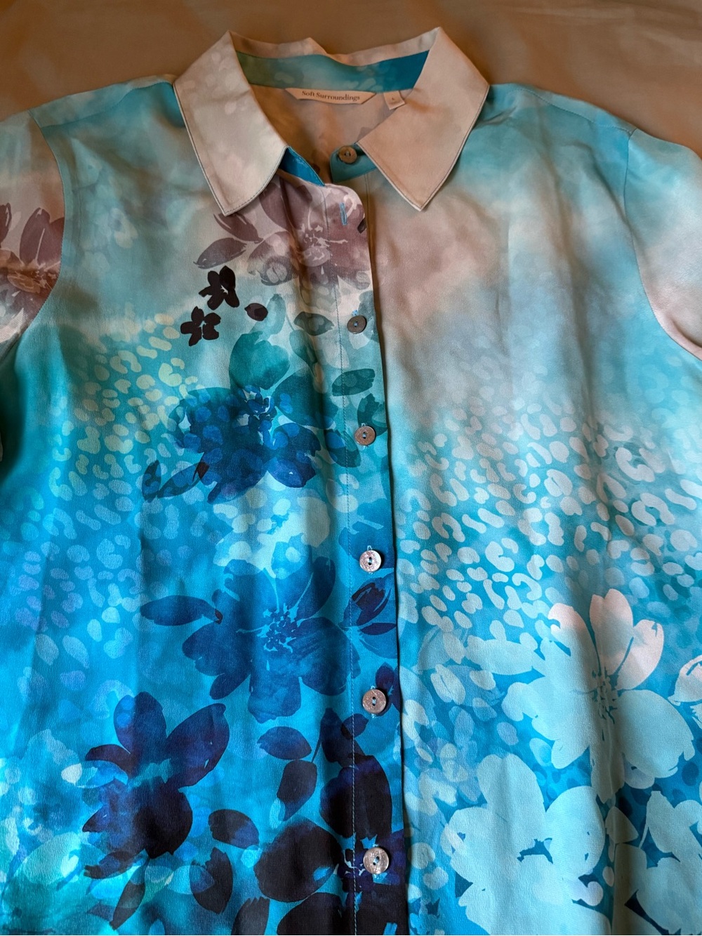 Soft Surroundings Womens Tunic Top Blouse L Blue Silk Jolene Watercolor - Picture 15 of 16